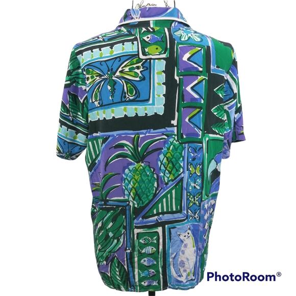 Bob Mackie Vintage Wearable Art Blue Green Print Button Front Artsy Top SZ M - Picture 2 of 12